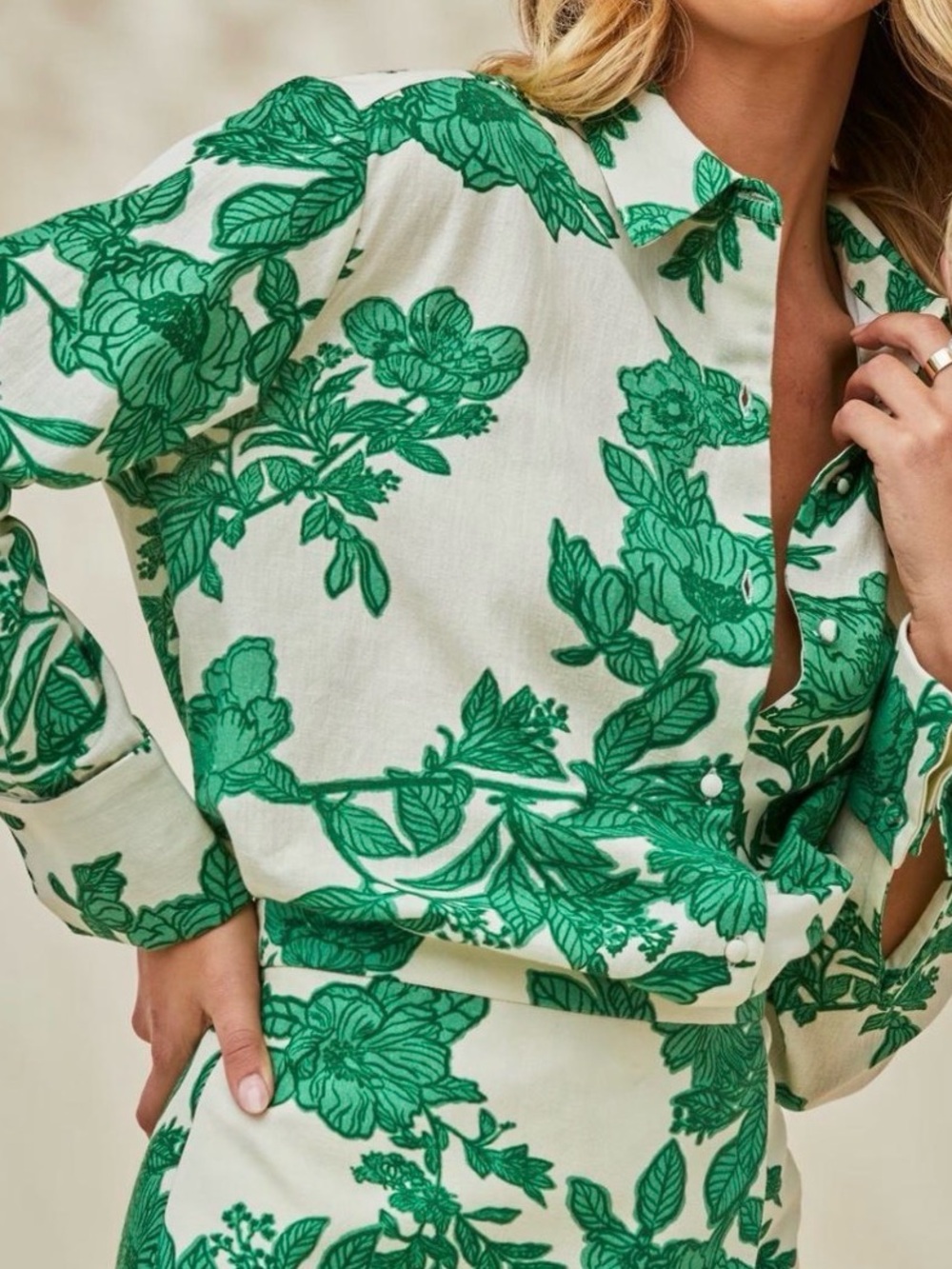 Rococo Sand Cream Shirt with Green Botanical Print